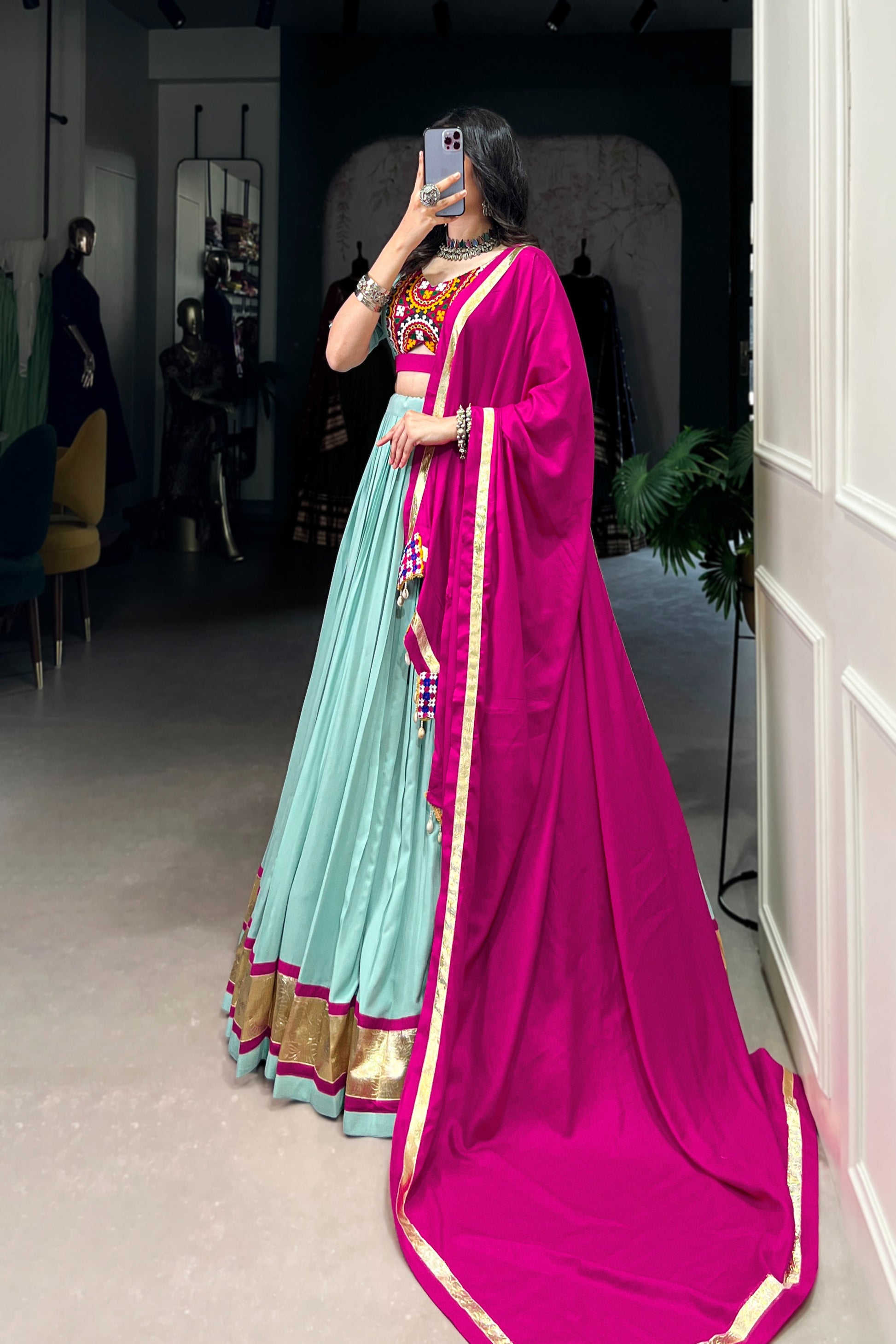 TILTON NAVRATRI SPECIAL GAMTHI WORK PURE RAYON LEHENGA CHOLI WITH DUPATTA