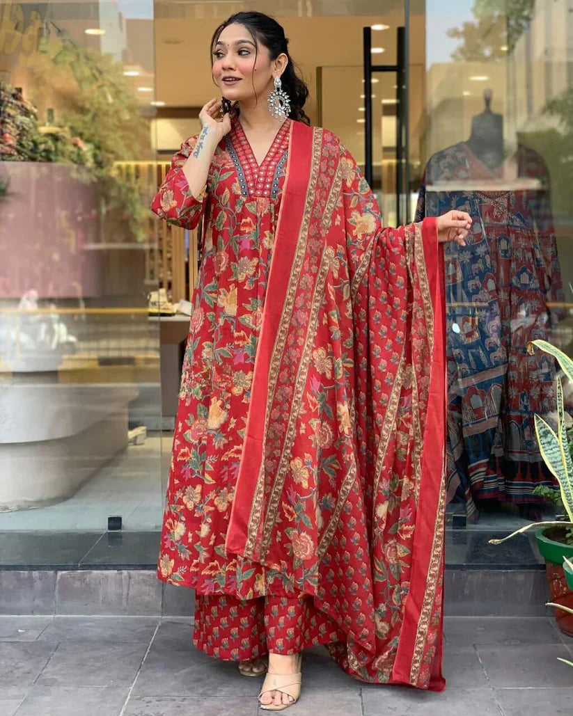 Biba Reddish Floral Cotton Suit Set with Mulmul Dupatta: Elegant, Comfortable, Stylish