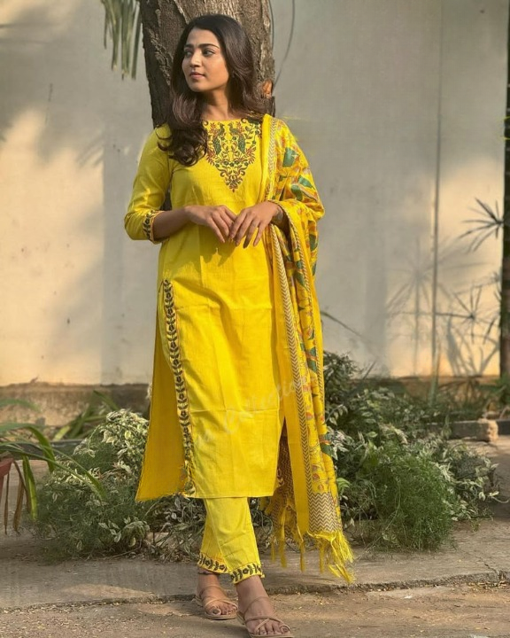 Elegant Yellow Embroidered Cotton Kurta Pant Dupatta Set for Women