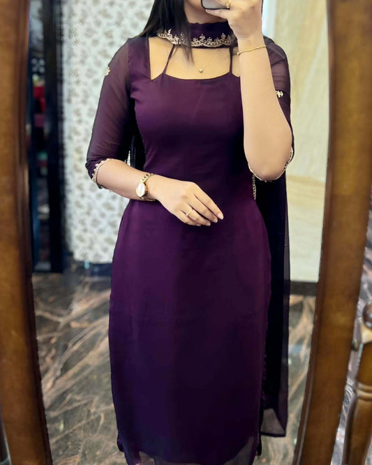 DARK PURPLE GEORGETTE STRAIGHT CUT KURTI WITH LINING AND DUPPATTA SET