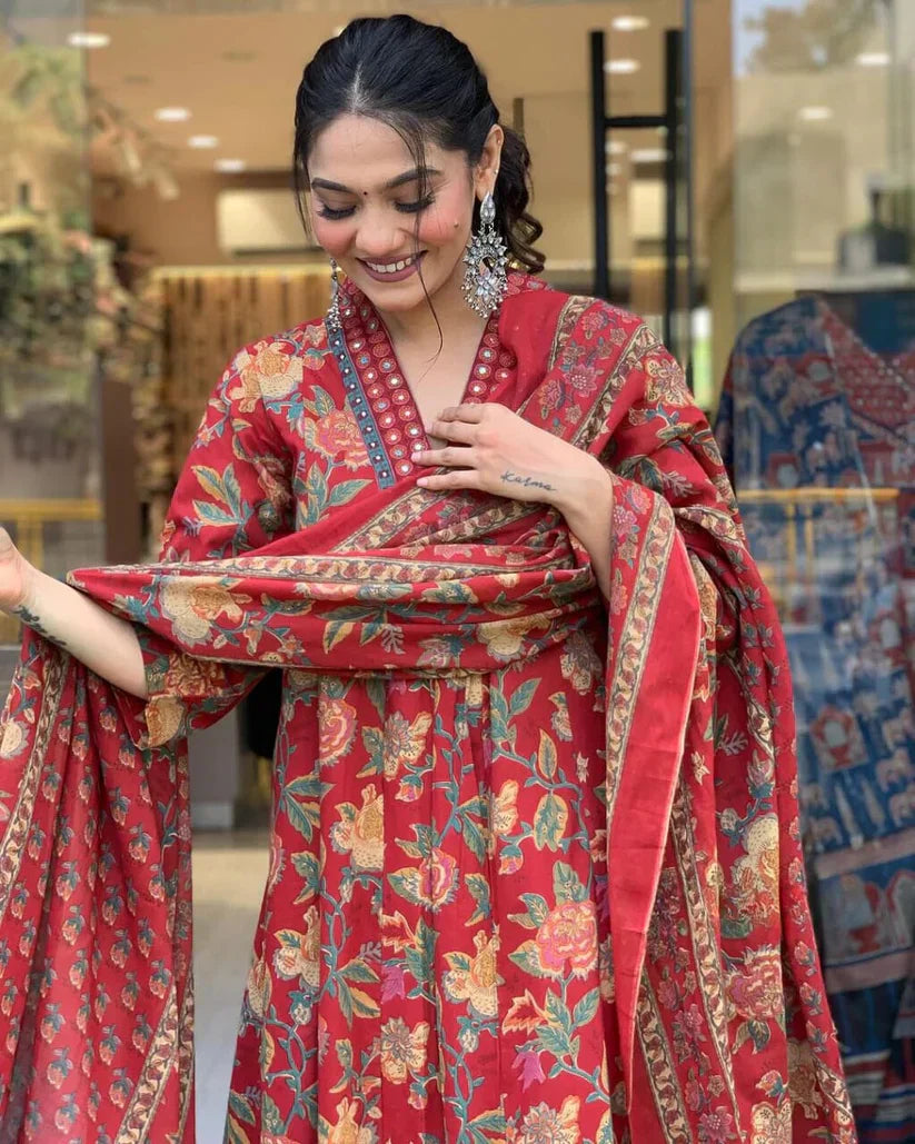 Biba Reddish Floral Cotton Suit Set with Mulmul Dupatta: Elegant, Comfortable, Stylish