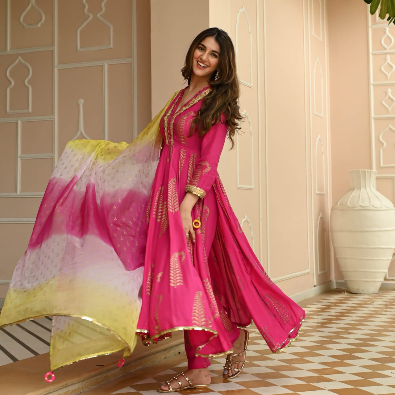 Chic Pink Floral Pure Cotton Kurta Pant Dupatta Set for Women