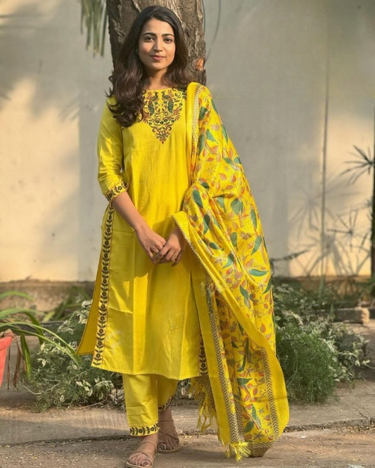 Elegant Yellow Embroidered Cotton Kurta Pant Dupatta Set for Women