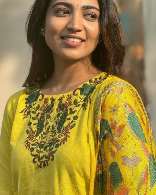 Elegant Yellow Embroidered Cotton Kurta Pant Dupatta Set for Women