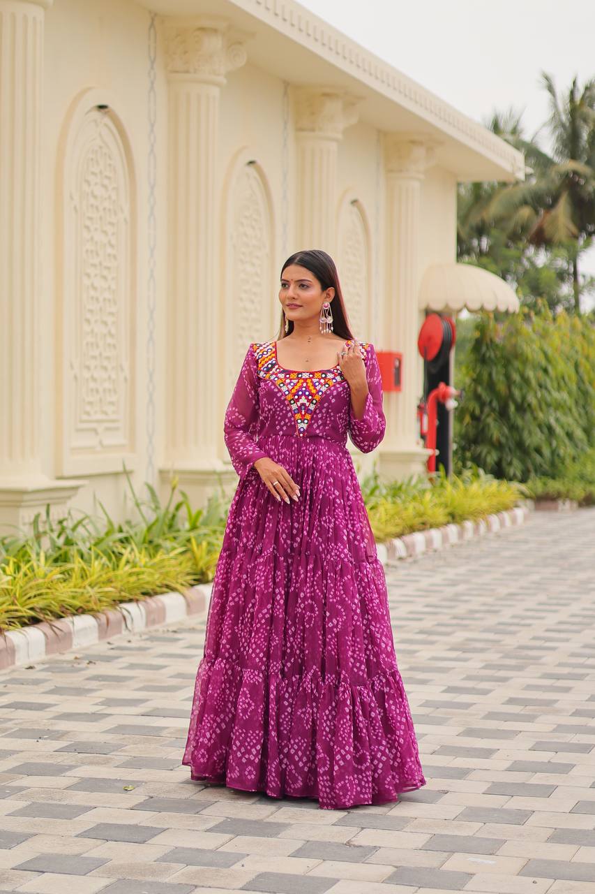 Gulraang Bandhani Anarkali Gown in Pure Georgette with Mirror Work