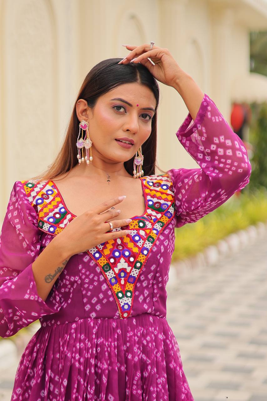 Gulraang Bandhani Anarkali Gown in Pure Georgette with Mirror Work