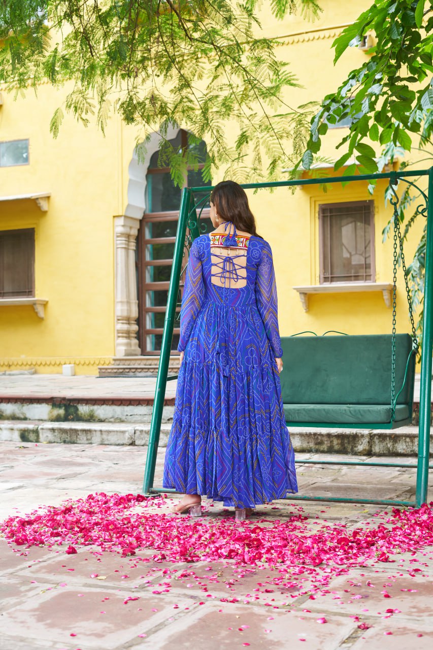 Navrang Bandhej Anarkali Gown with Kutchi Mirror Work