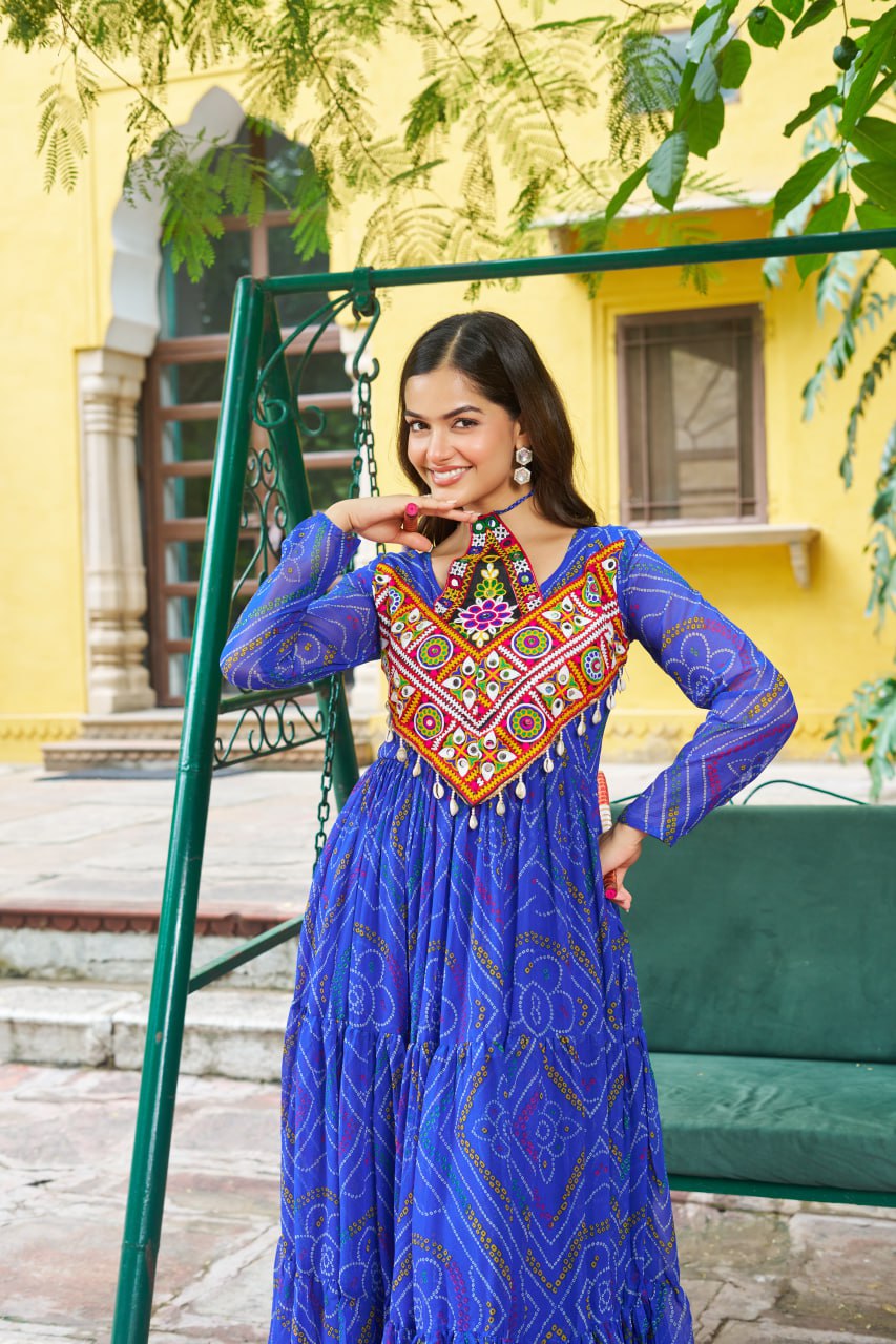 Navrang Bandhej Anarkali Gown with Kutchi Mirror Work