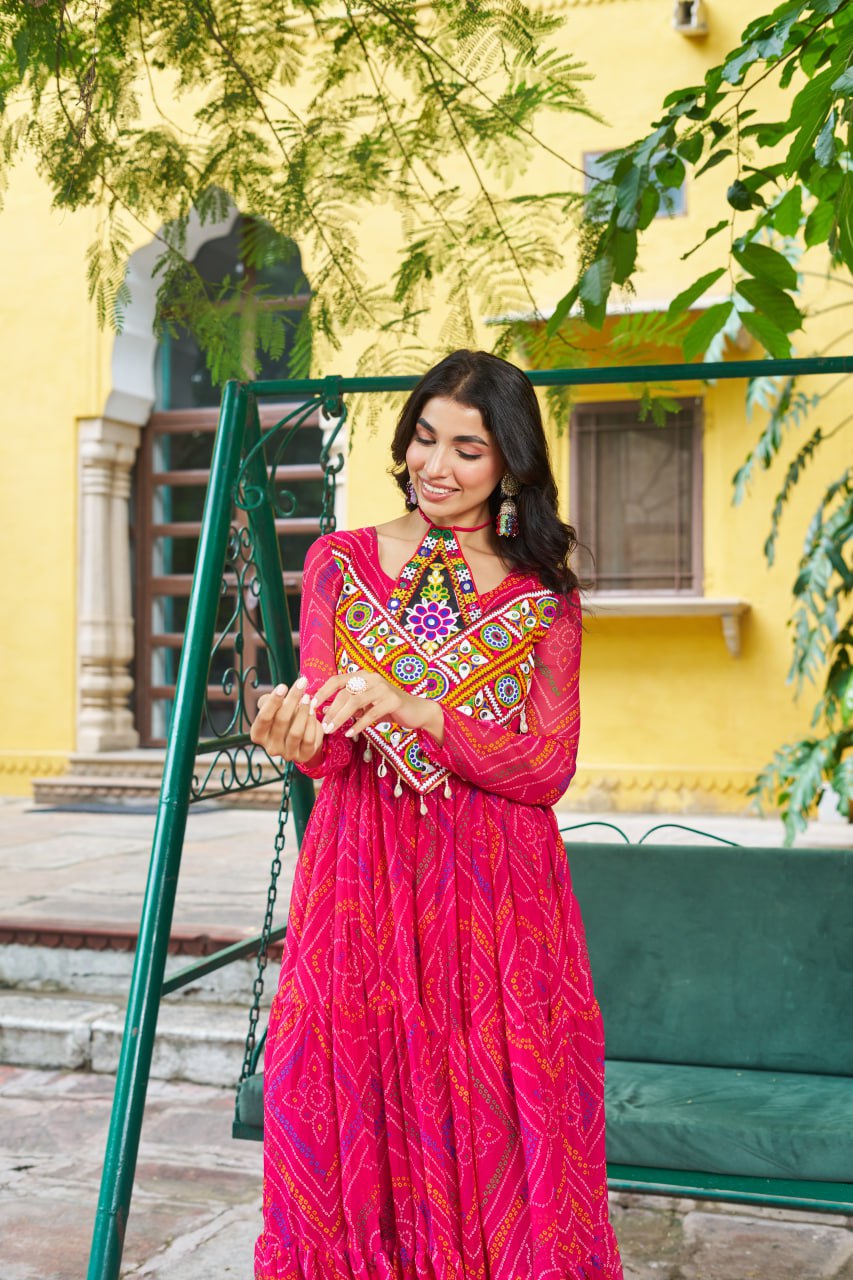 Navrang Bandhej Anarkali Gown with Kutchi Mirror Work