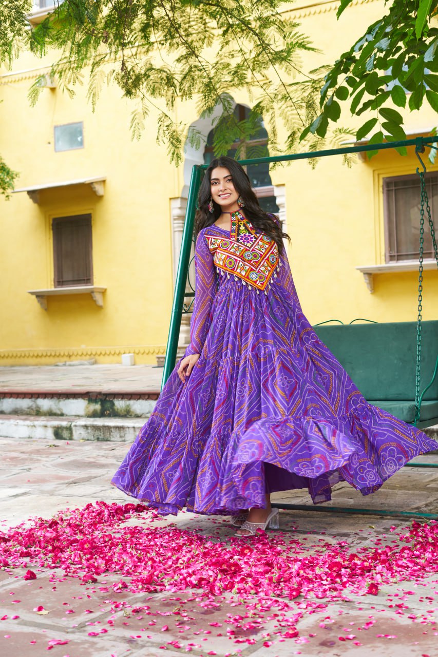 Navrang Bandhej Anarkali Gown with Kutchi Mirror Work