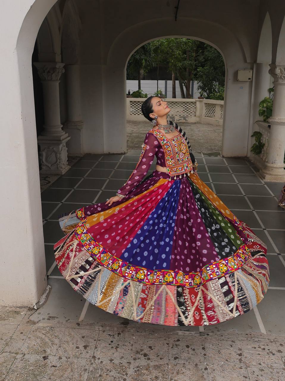 Raangreeza Multicolor Bandhani Mirror Work Lehenga Choli