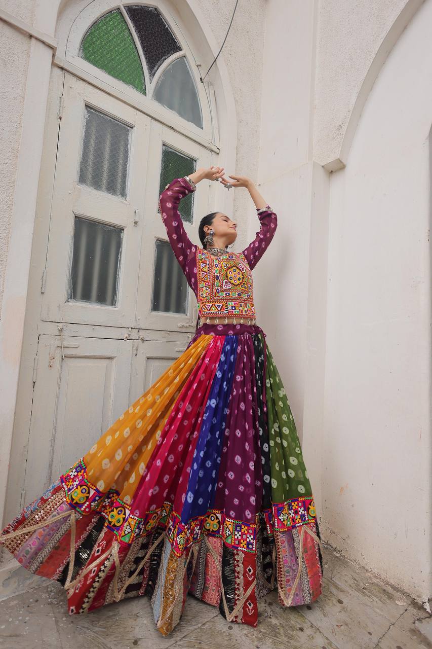 Raangreeza Multicolor Bandhani Mirror Work Lehenga Choli
