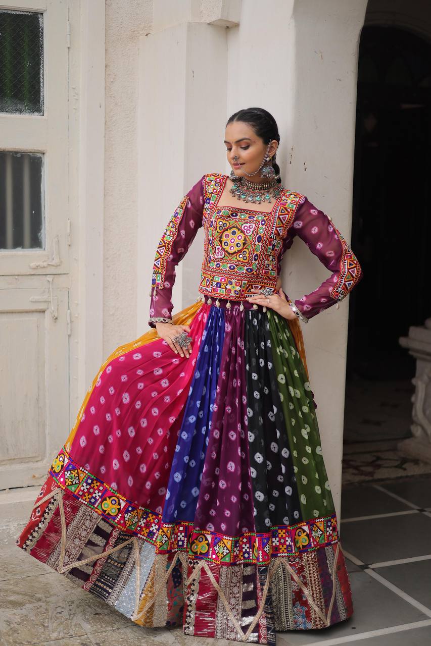 Raangreeza Multicolor Bandhani Mirror Work Lehenga Choli