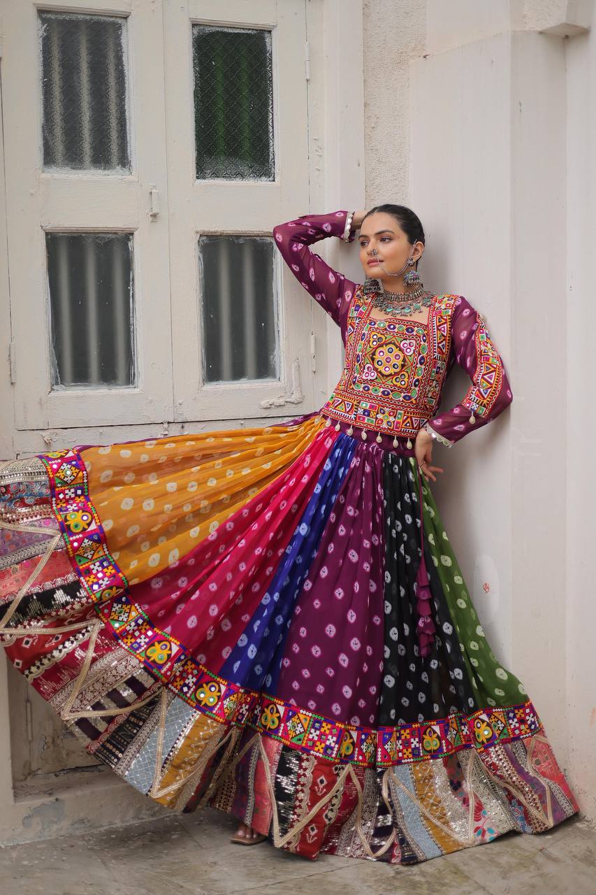Raangreeza Multicolor Bandhani Mirror Work Lehenga Choli
