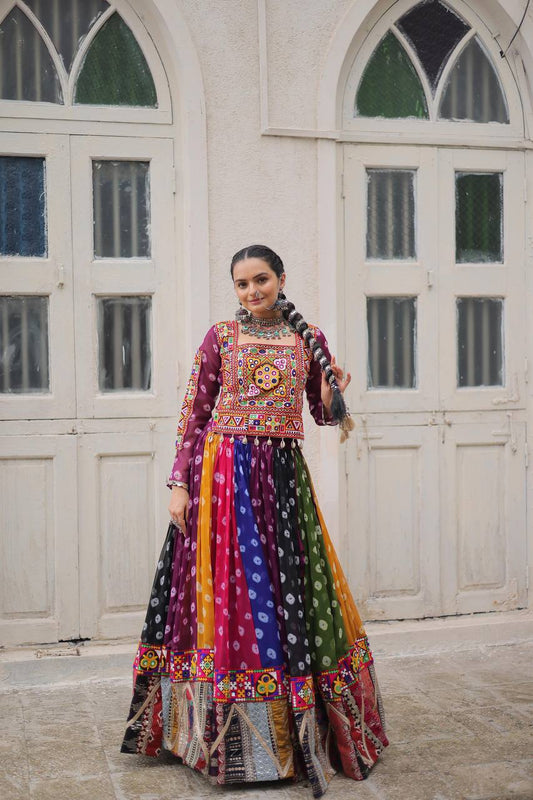 Raangreeza Multicolor Bandhani Mirror Work Lehenga Choli