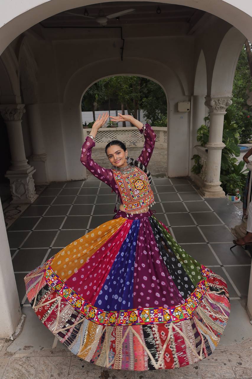 Raangreeza Multicolor Bandhani Mirror Work Lehenga Choli