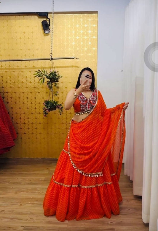 Meher Kutchi Embroidery Blouse with Orange Bandhani Style Lehenga Set