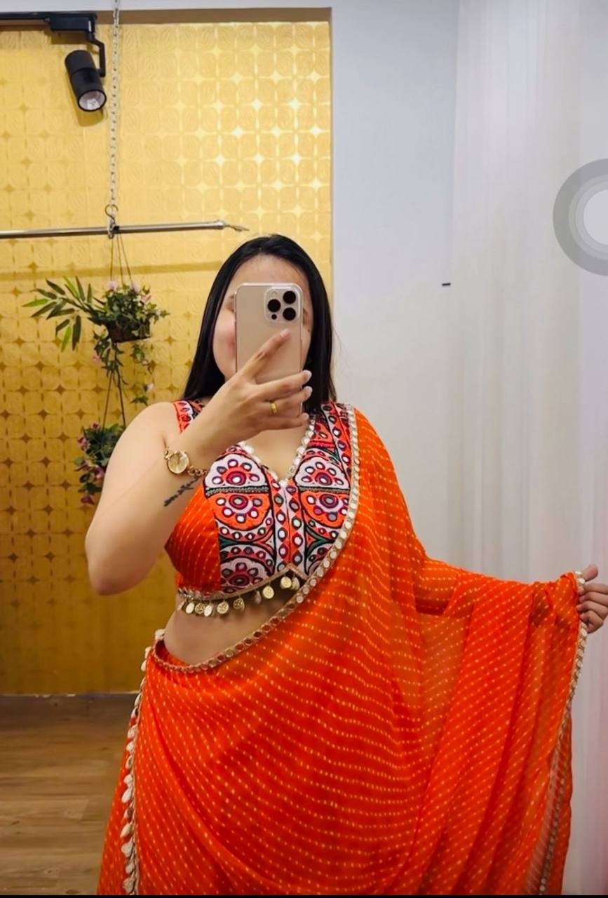 Meher Kutchi Embroidery Blouse with Orange Bandhani Style Lehenga Set