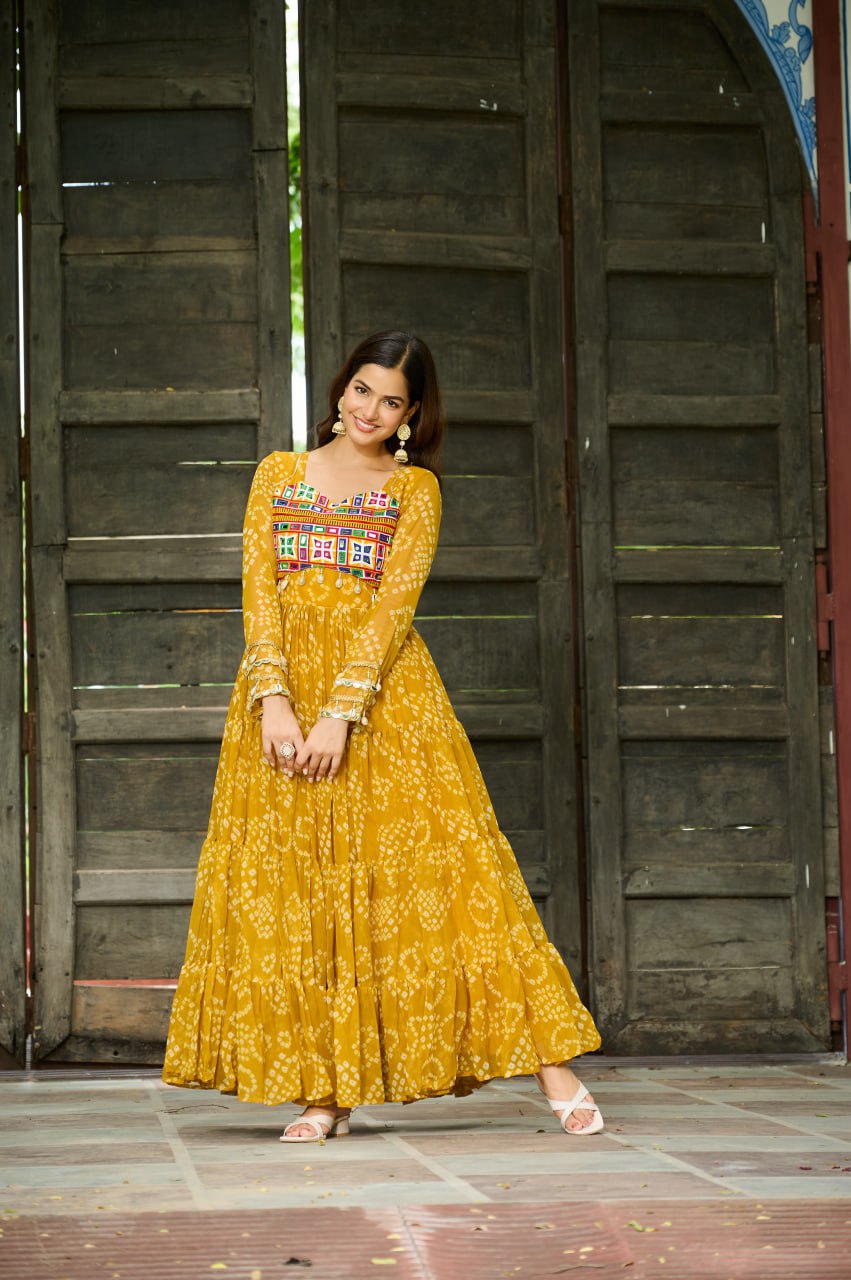 Navrang Fusion Bandhani Mirror Work Garba Gown