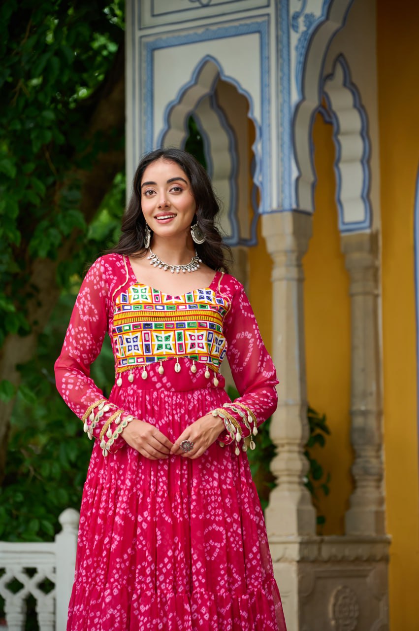 Navrang Fusion Bandhani Mirror Work Garba Gown