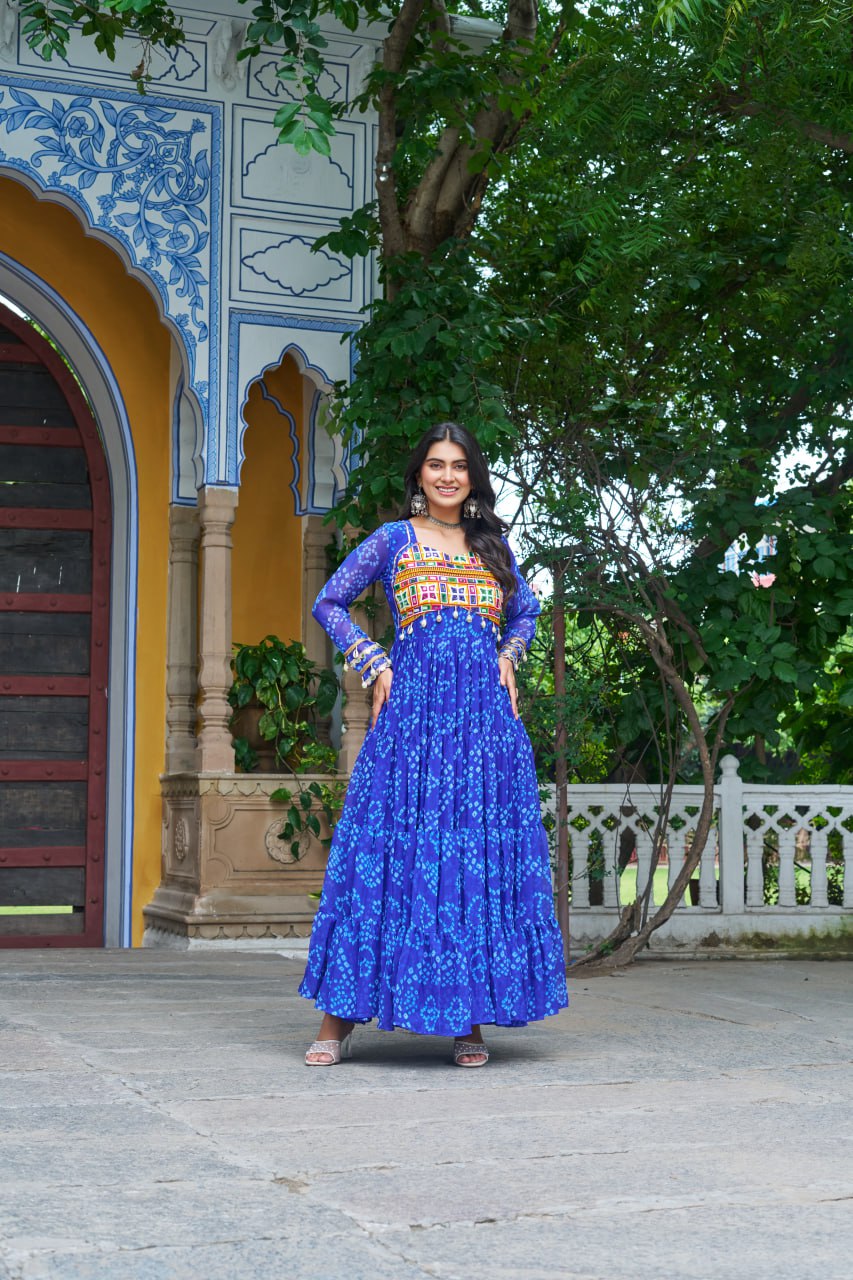 Navrang Fusion Bandhani Mirror Work Garba Gown