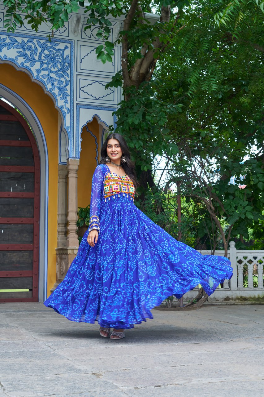 Navrang Fusion Bandhani Mirror Work Garba Gown