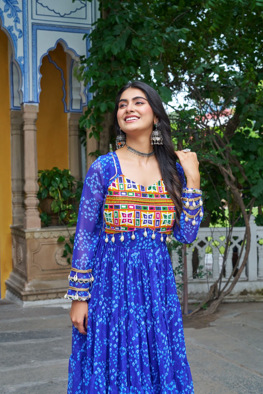 Navrang Fusion Bandhani Mirror Work Garba Gown