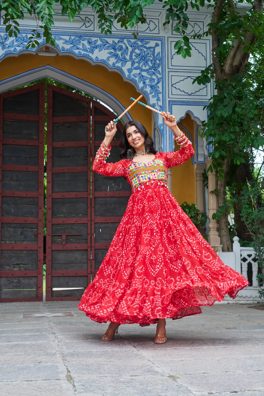 Navrang Fusion Bandhani Mirror Work Garba Gown