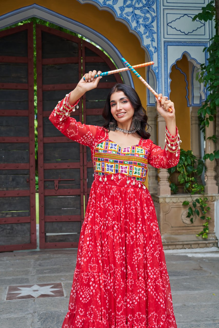 Navrang Fusion Bandhani Mirror Work Garba Gown