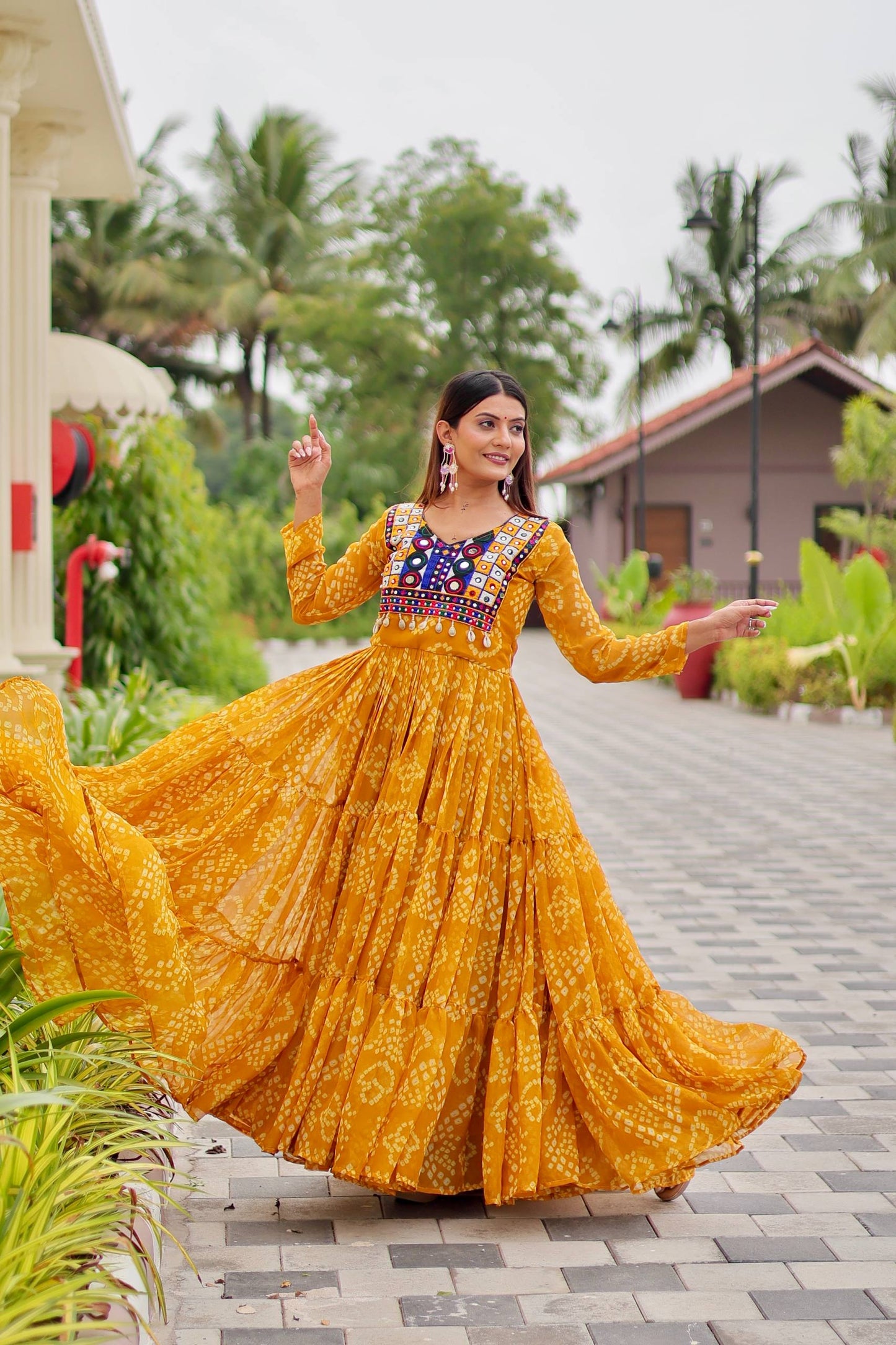 Surmayi Swirl' Mirror Work Bandhani Flared Navratri Gown