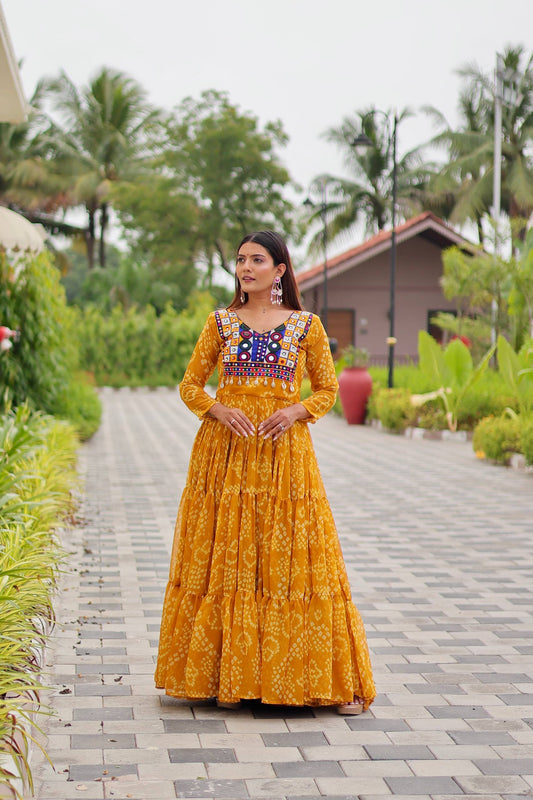 Surmayi Swirl' Mirror Work Bandhani Flared Navratri Gown