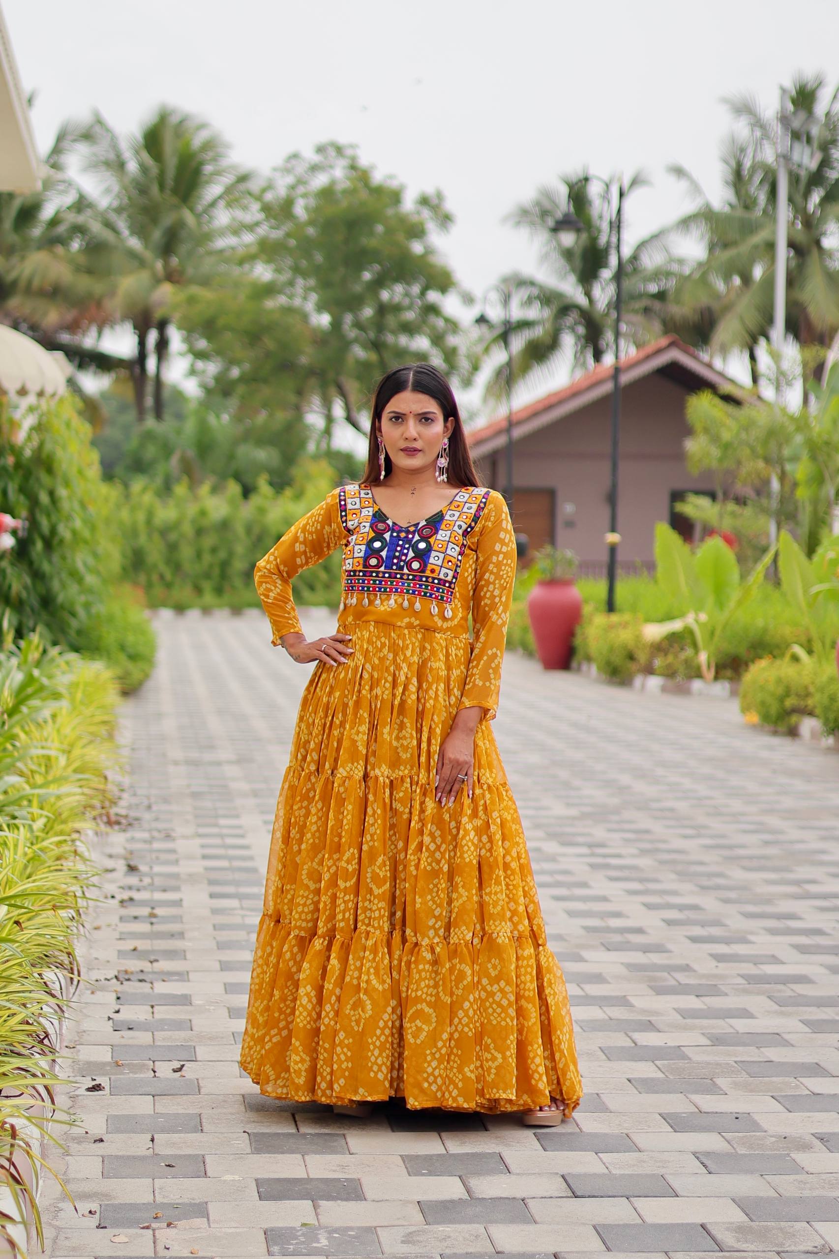 Surmayi Swirl' Mirror Work Bandhani Flared Navratri Gown
