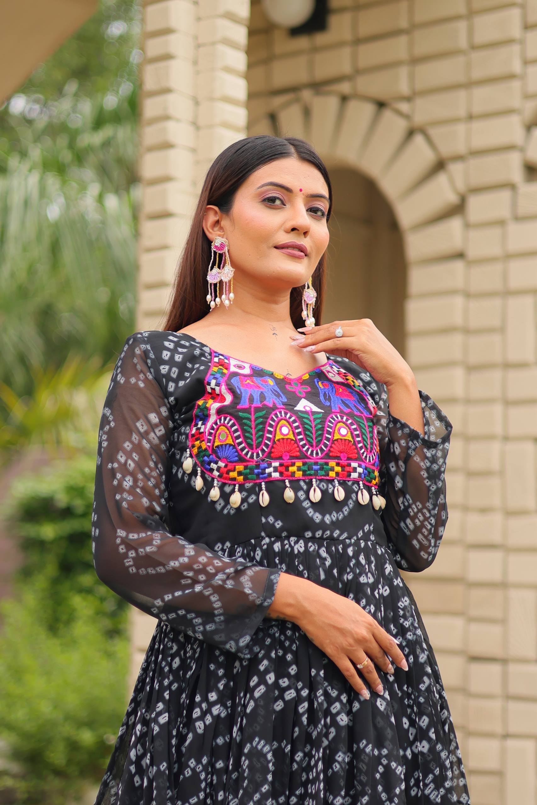 Surmayi Swirl' Mirror Work Bandhani Flared Navratri Gown