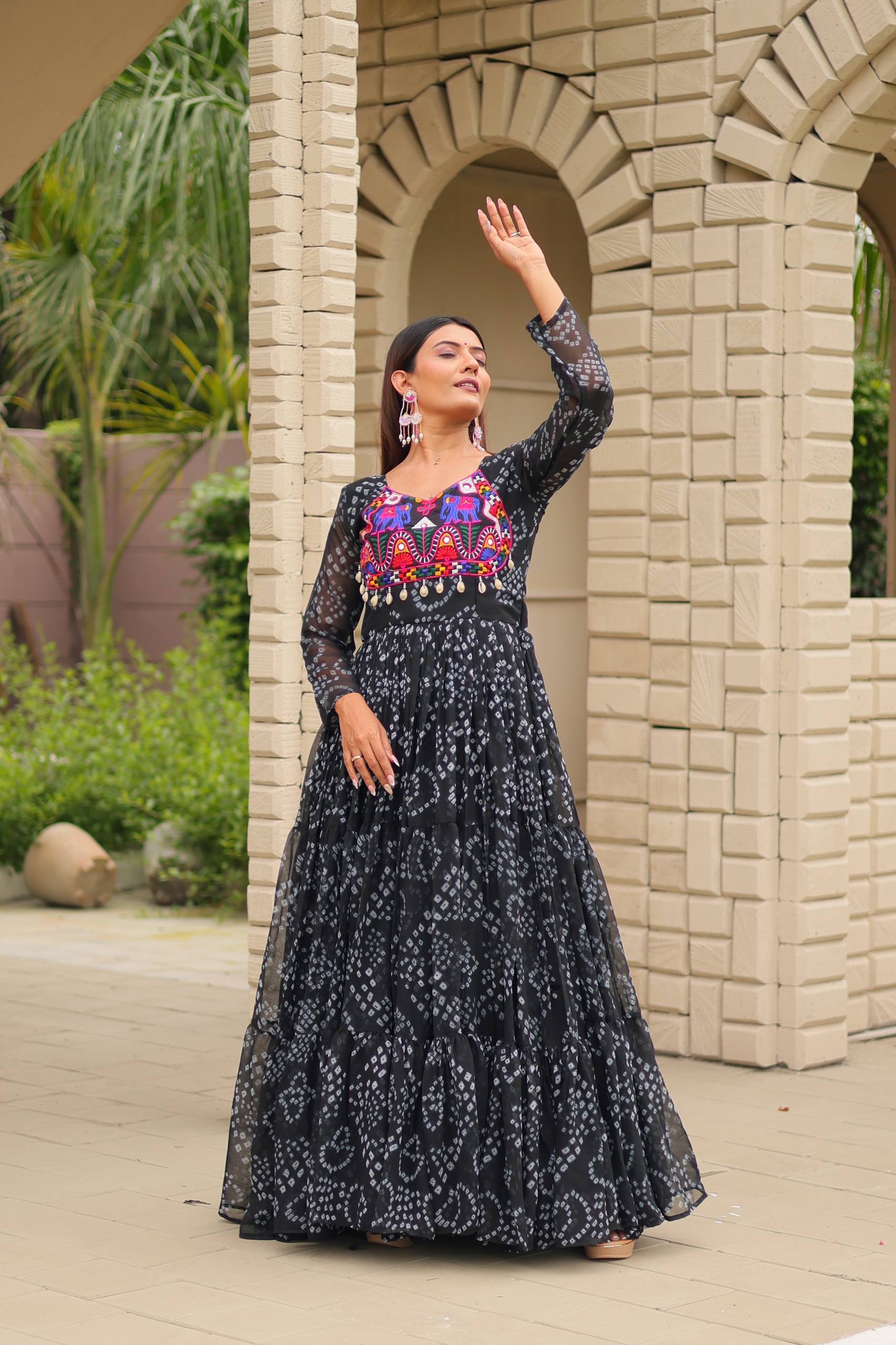 Surmayi Swirl' Mirror Work Bandhani Flared Navratri Gown