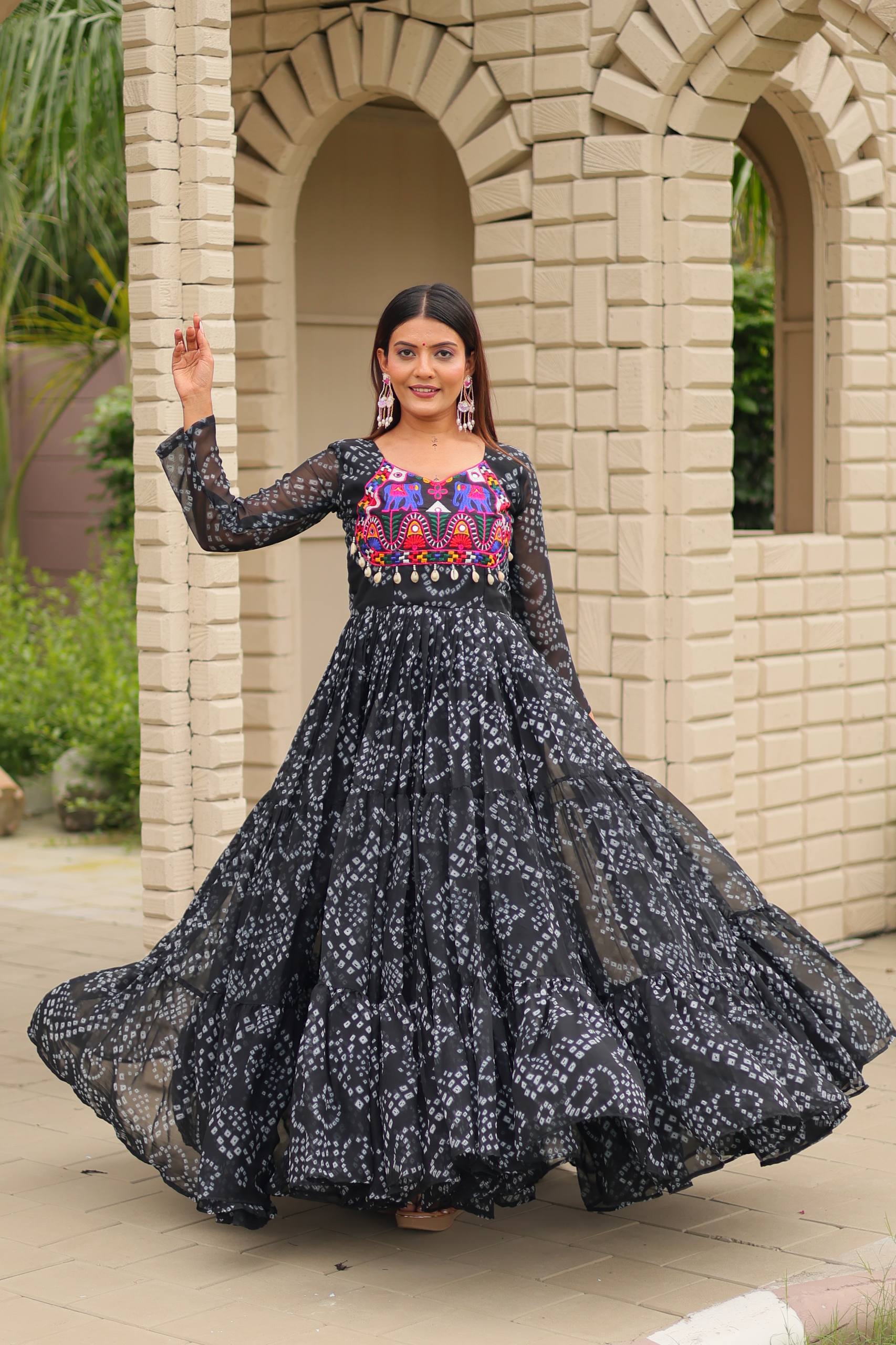 Surmayi Swirl' Mirror Work Bandhani Flared Navratri Gown