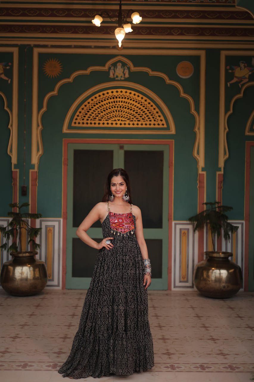 Leheriya Luxe Ajrakh Mirror Strap Anarkali Gown