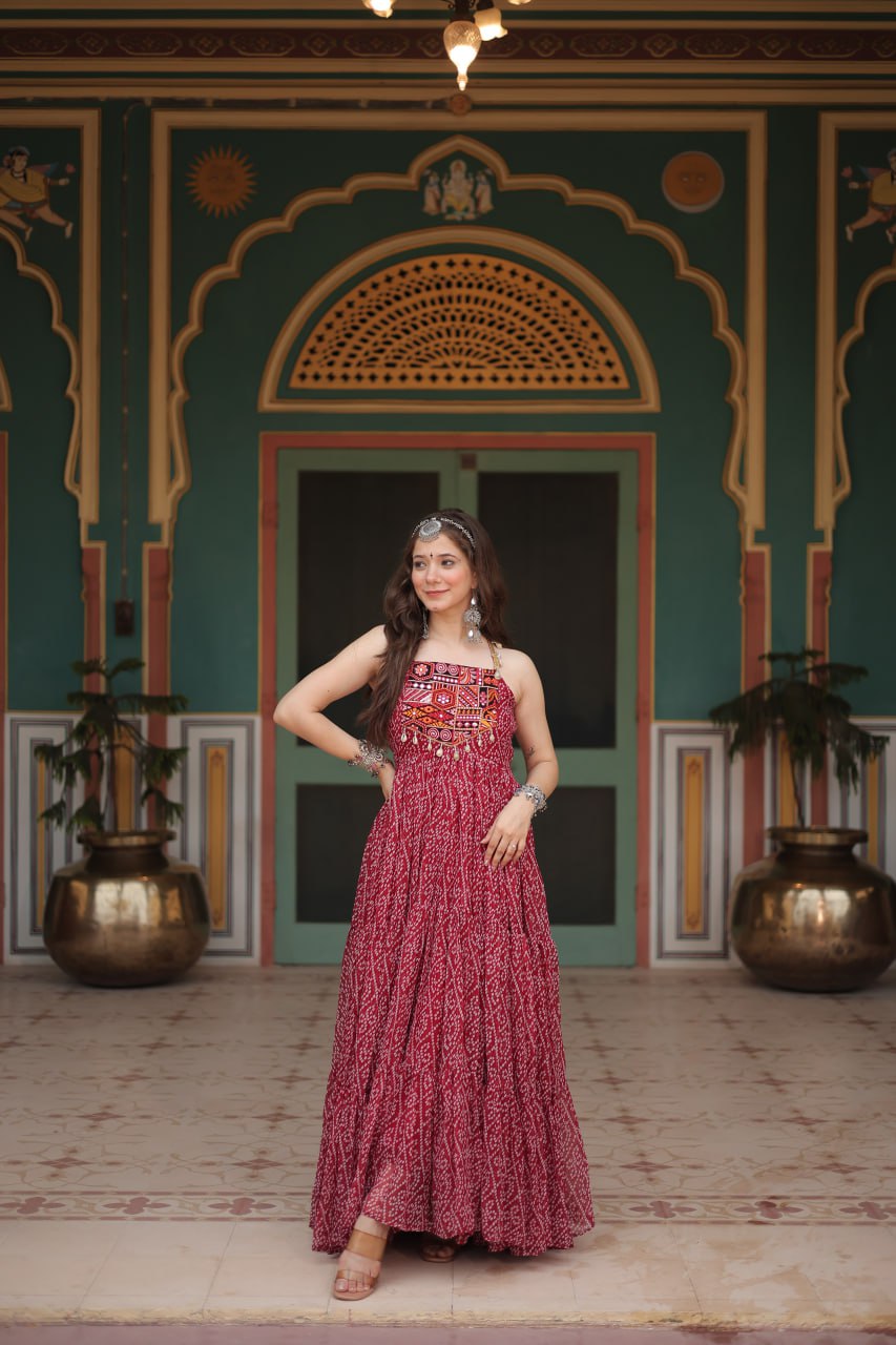 Leheriya Luxe Ajrakh Mirror Strap Anarkali Gown
