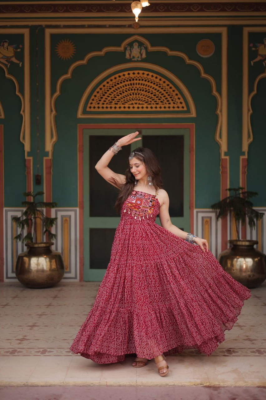Leheriya Luxe Ajrakh Mirror Strap Anarkali Gown
