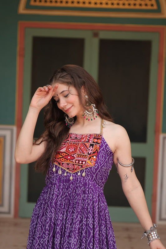 Leheriya Luxe Ajrakh Mirror Strap Anarkali Gown