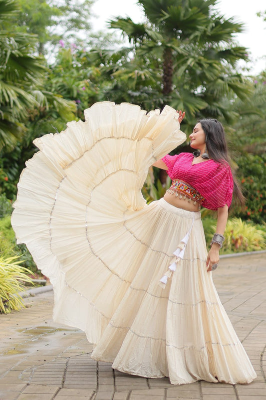 Kiara Blush Embroidered Blouse with Off-White Flared Lehenga