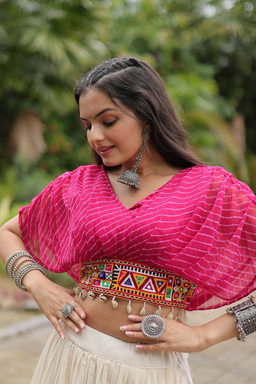 Kiara Blush Embroidered Blouse with Off-White Flared Lehenga