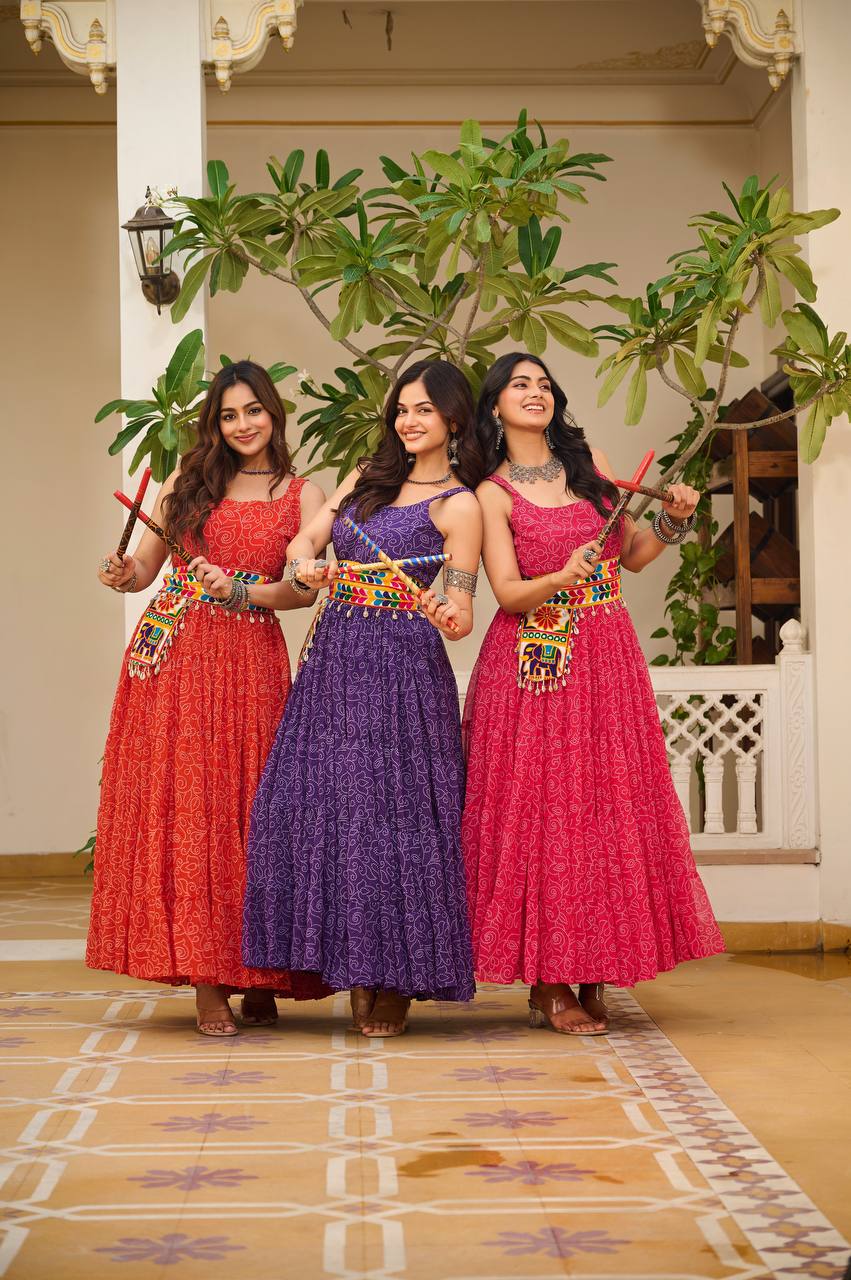 Meera Mirror Belt & Bandhni Print Navratri Special Gown