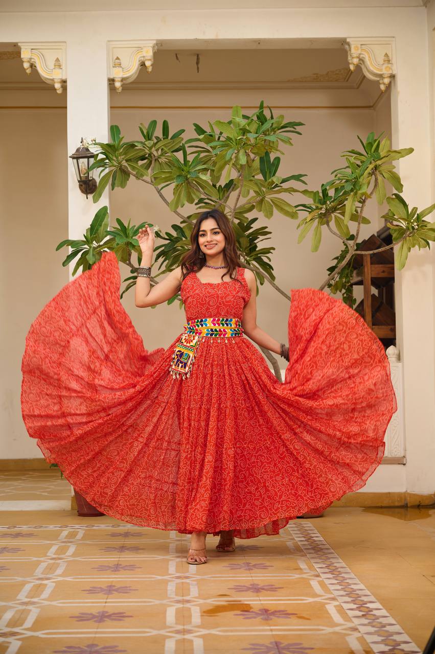Meera Mirror Belt & Bandhni Print Navratri Special Gown