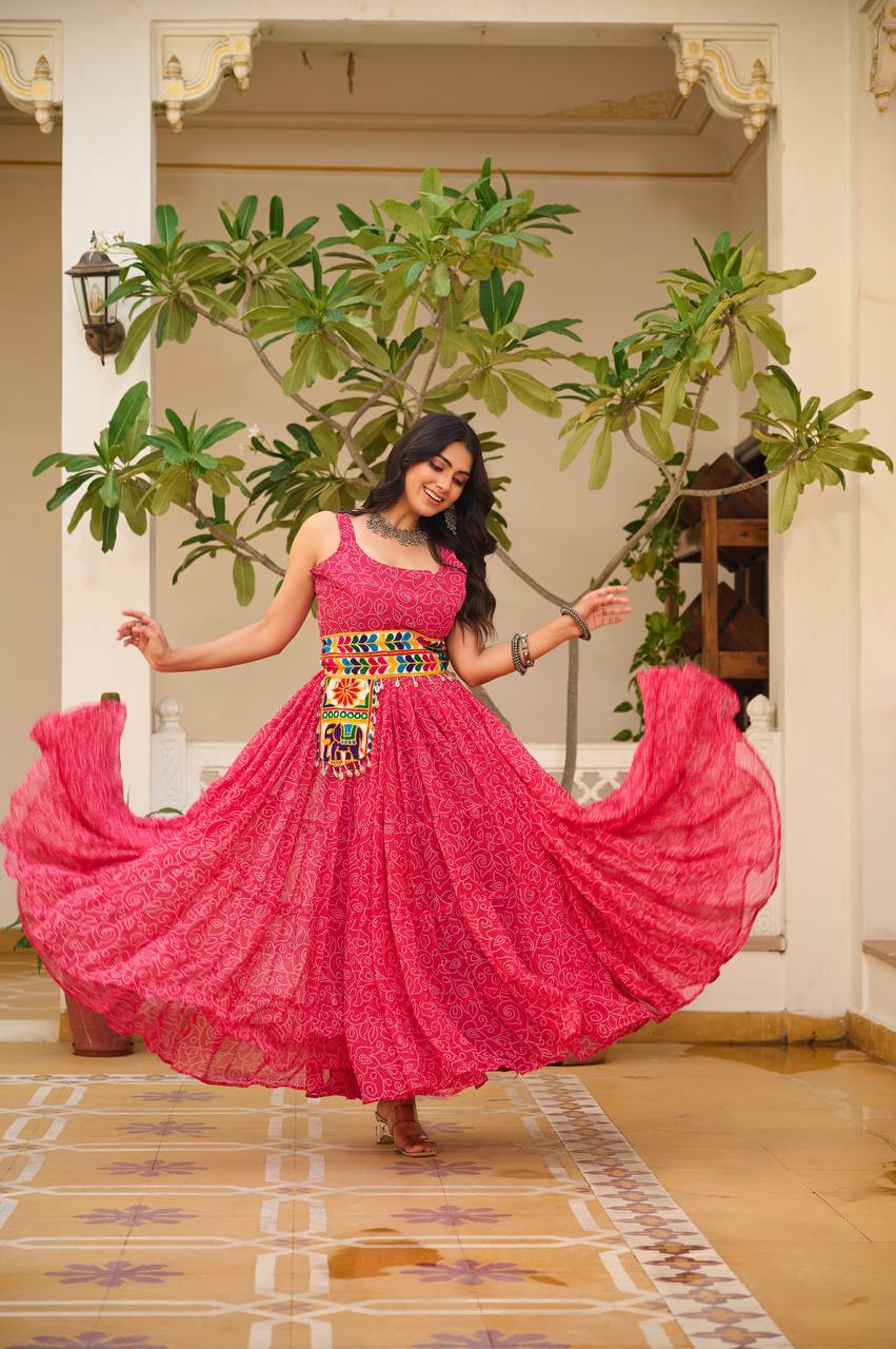 Meera Mirror Belt & Bandhni Print Navratri Special Gown