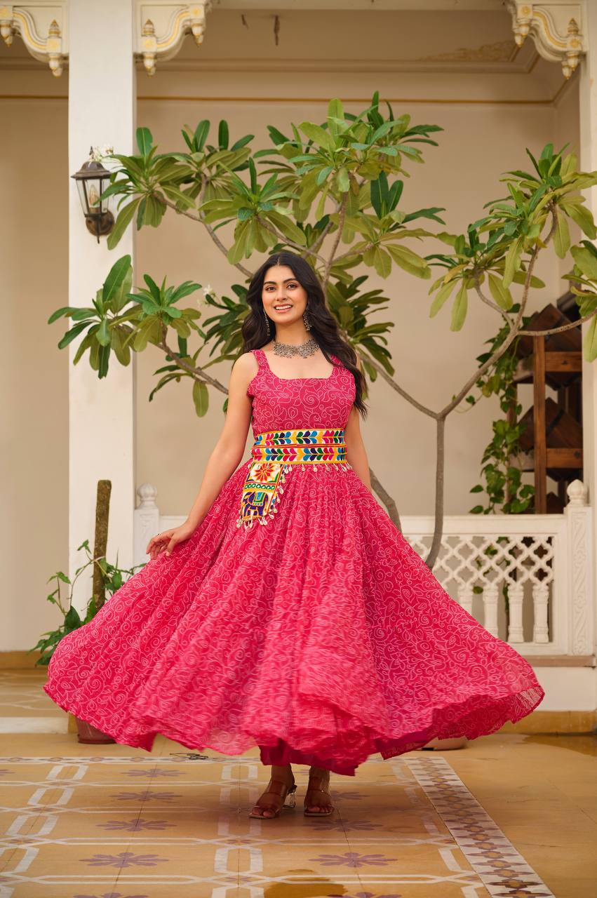 Meera Mirror Belt & Bandhni Print Navratri Special Gown