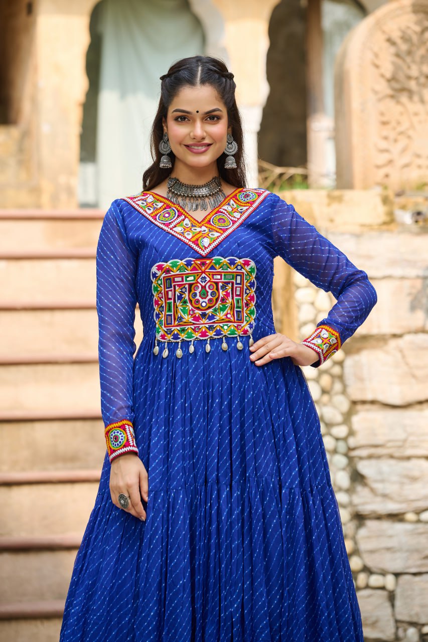 Navratri Special Ethnic Mirror Embroidered Georgette Flared Gown