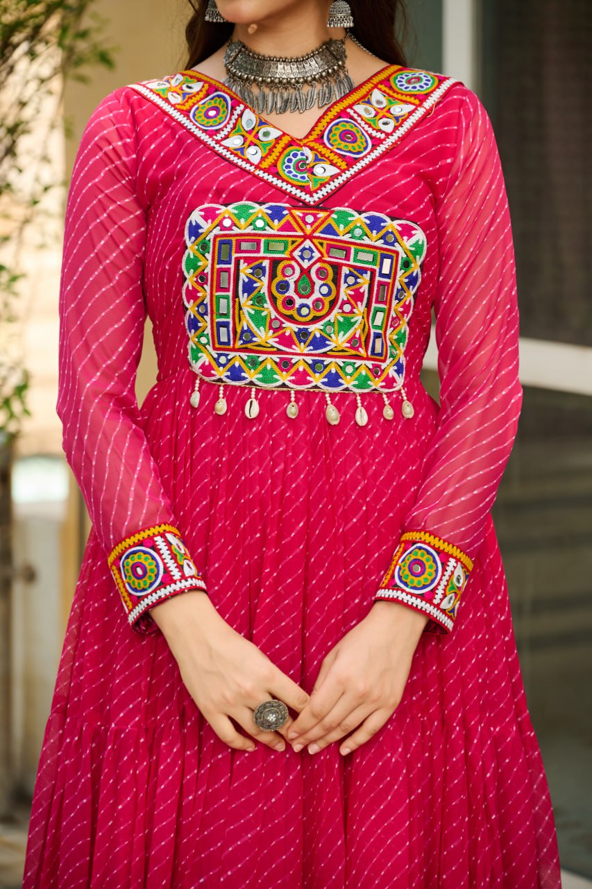 Navratri Special Ethnic Mirror Embroidered Georgette Flared Gown