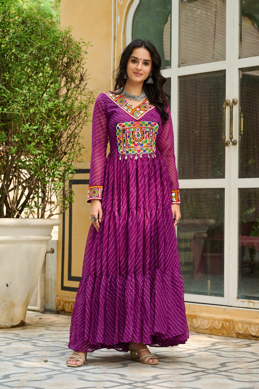 Navratri Special Ethnic Mirror Embroidered Georgette Flared Gown
