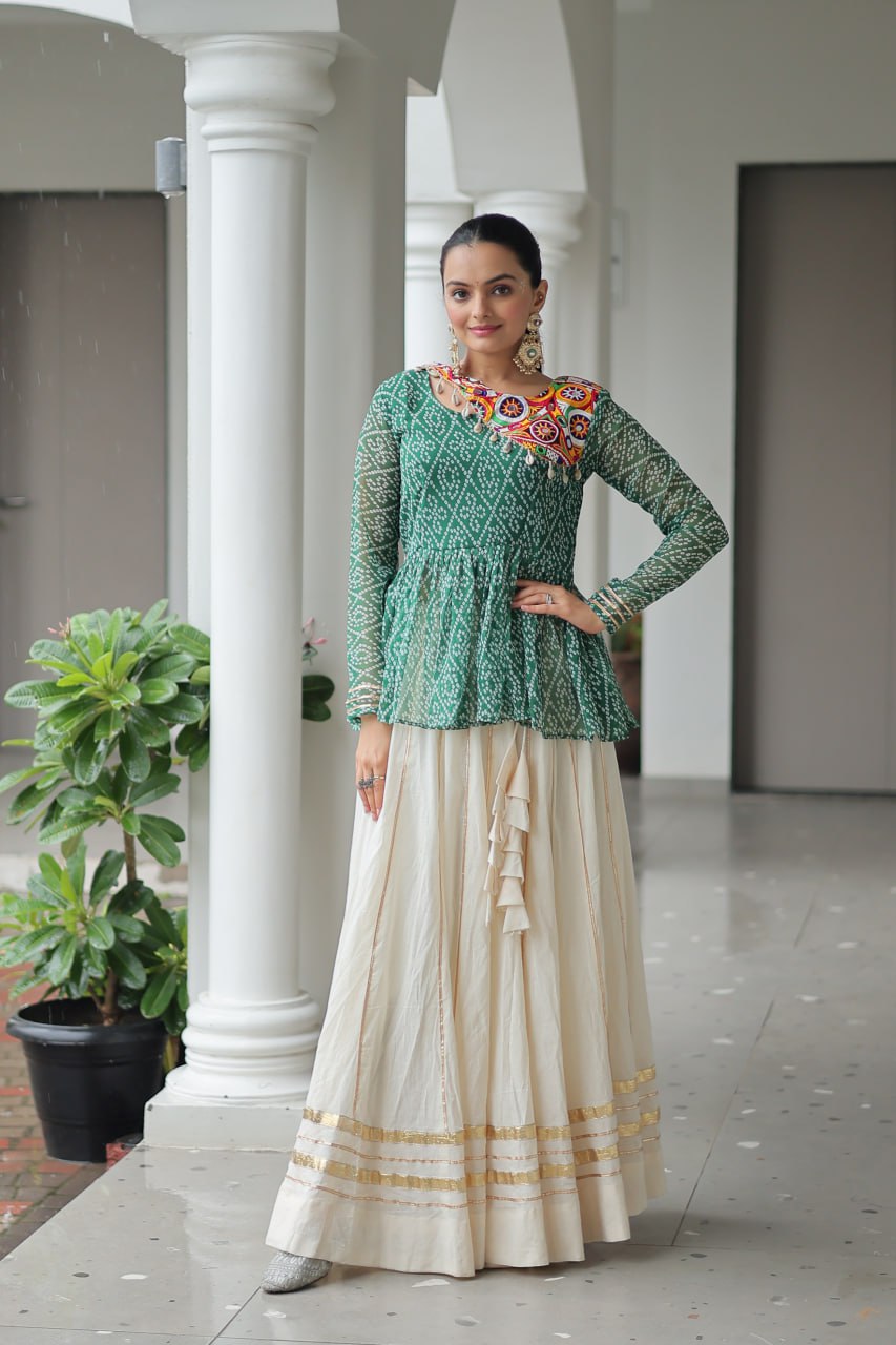 Vrinda Elegant Mirror Work Bandhani Top with Cream Flared Lehenga
