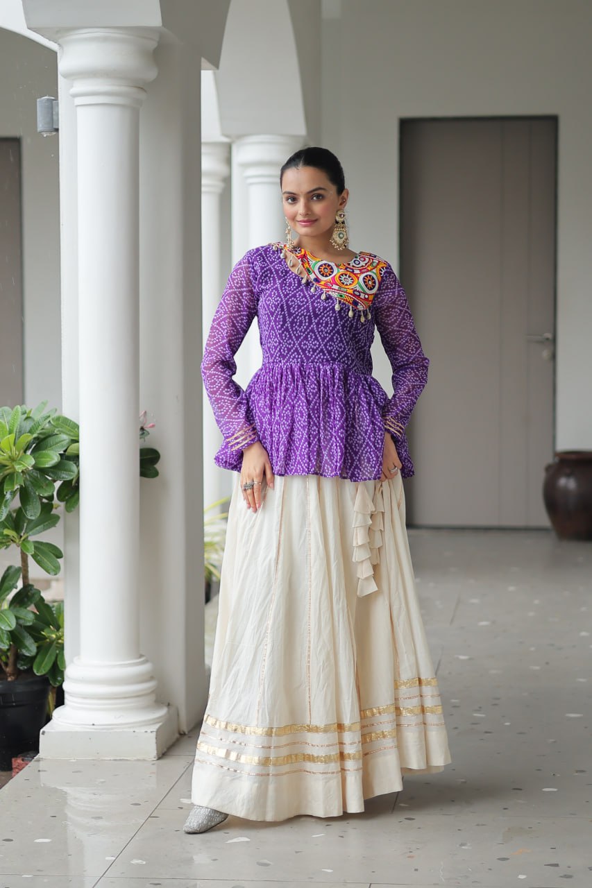 Vrinda Elegant Mirror Work Bandhani Top with Cream Flared Lehenga